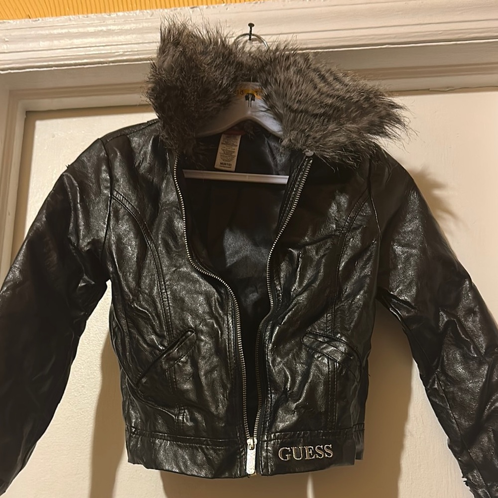 GUESS Black Faux Leather Kids Jacket with Fur Hood